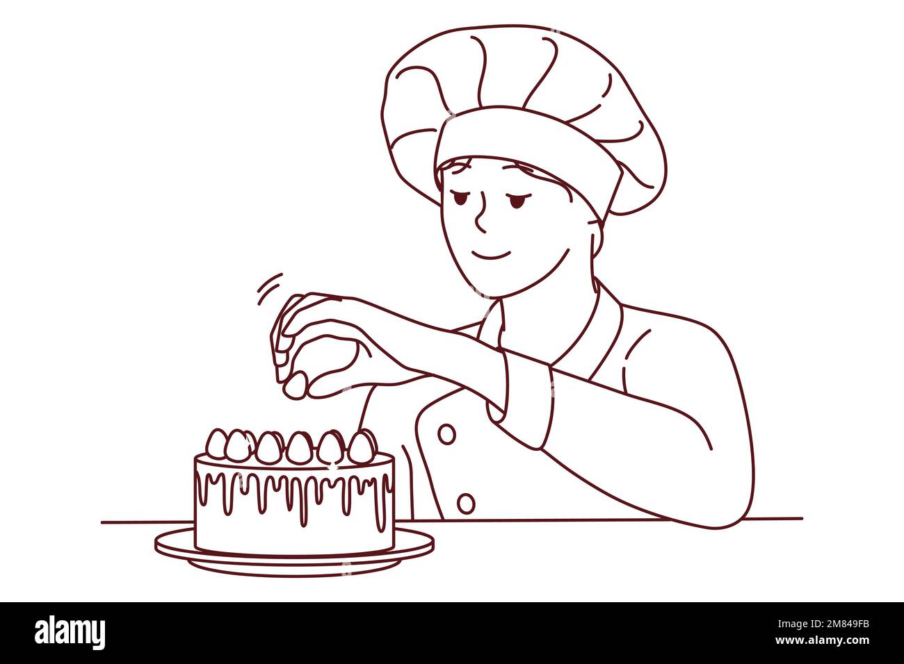 Chef sorridente che decora la torta con frutta. Felice panettiere femminile finale dessert con lamponi. Concetto di cucina e panetteria. Illustrazione vettoriale. Illustrazione Vettoriale