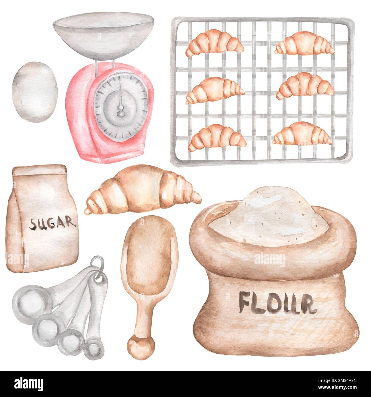 Acquerello disegnato a mano cagliare set da forno, Bakery Supplies Illustration, cucinare cagliare cucina, cibi da cucina, utensili, Ingredienti, panettiere, biscotti Foto Stock