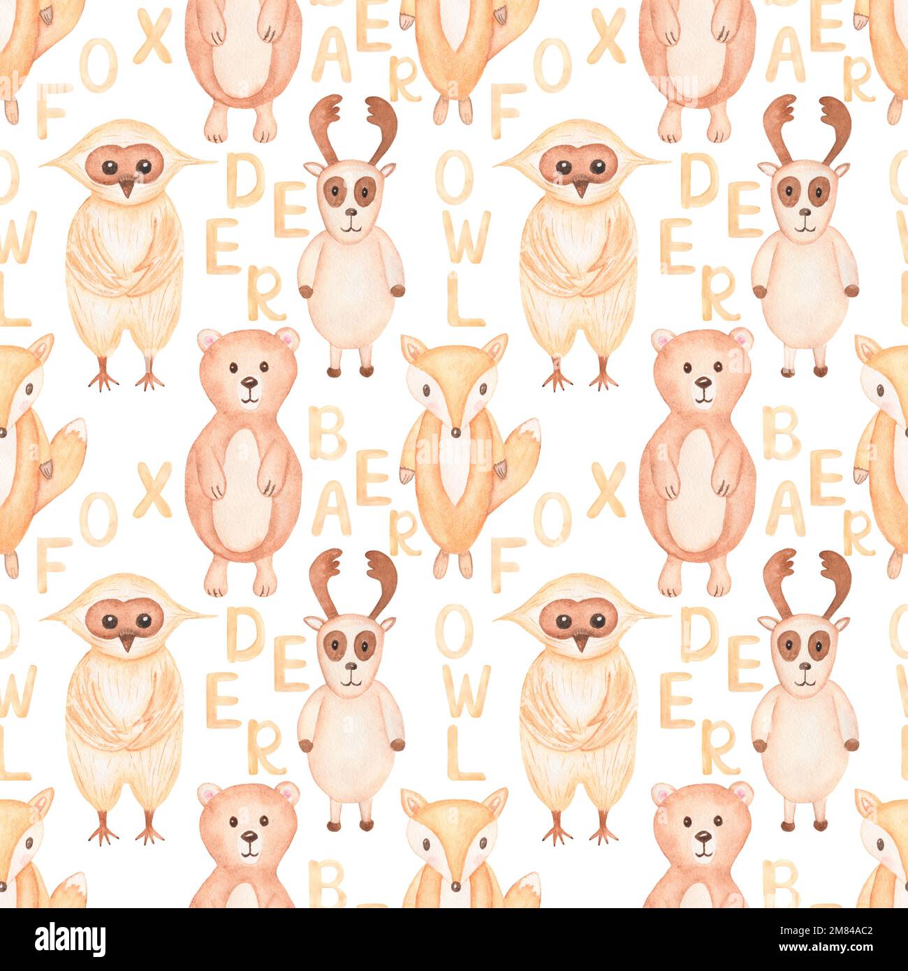 Woodland Animali senza cuciture modello, Watercolor carta disegnata a mano per bambini, animale foresta ripetizione carta, orso carino, cervi, gufo, volpe, modello per bambini in marrone Foto Stock