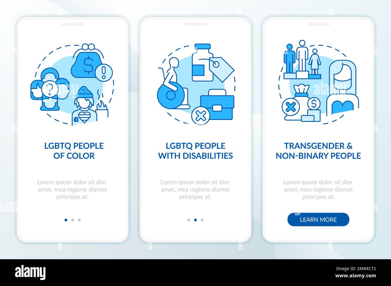 Barriere per diversi gruppi LGBTQ schermata blu dell'app mobile di onboarding Illustrazione Vettoriale