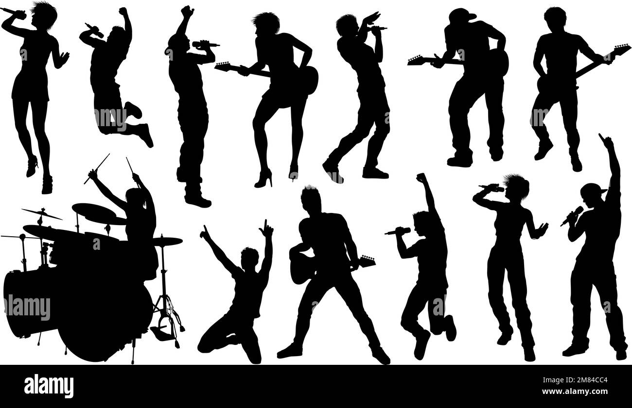 Musicisti di Silhouette Rock o Pop Band Illustrazione Vettoriale