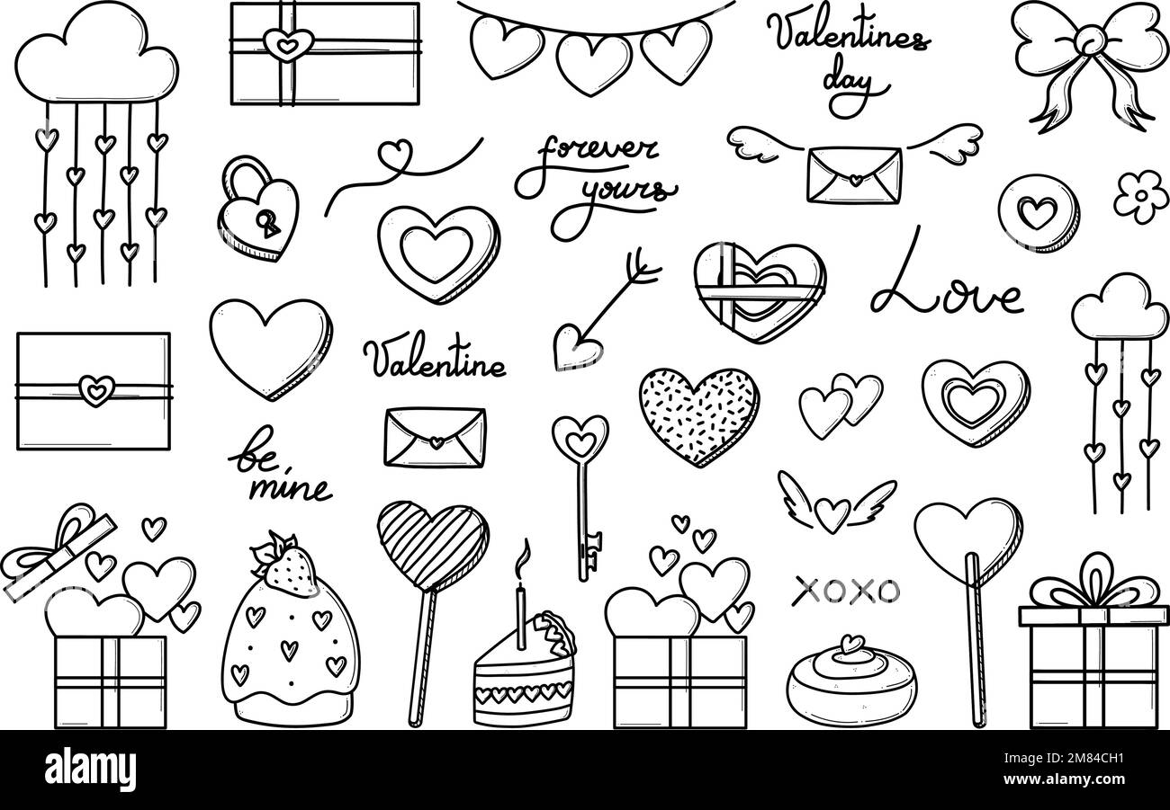 Set di tagliatelle disegnate a mano vettore giorno di San Valentino. Icone di amore romantico carino per l'anniversario, il matrimonio. Testo letterale, dolci, regali e collezione di regali Illustrazione Vettoriale