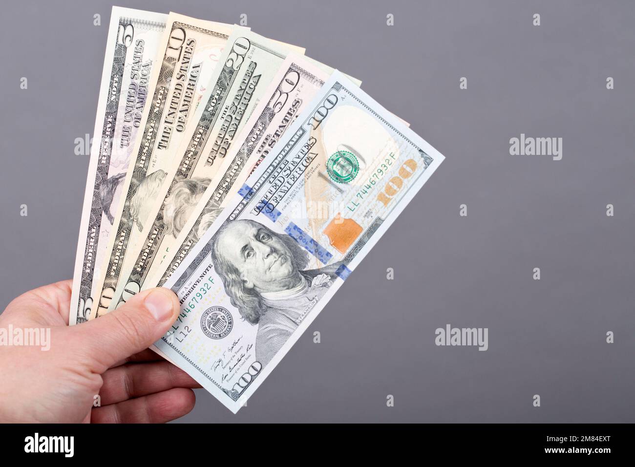 Denaro americano - dollari in mano su uno sfondo grigio Foto Stock