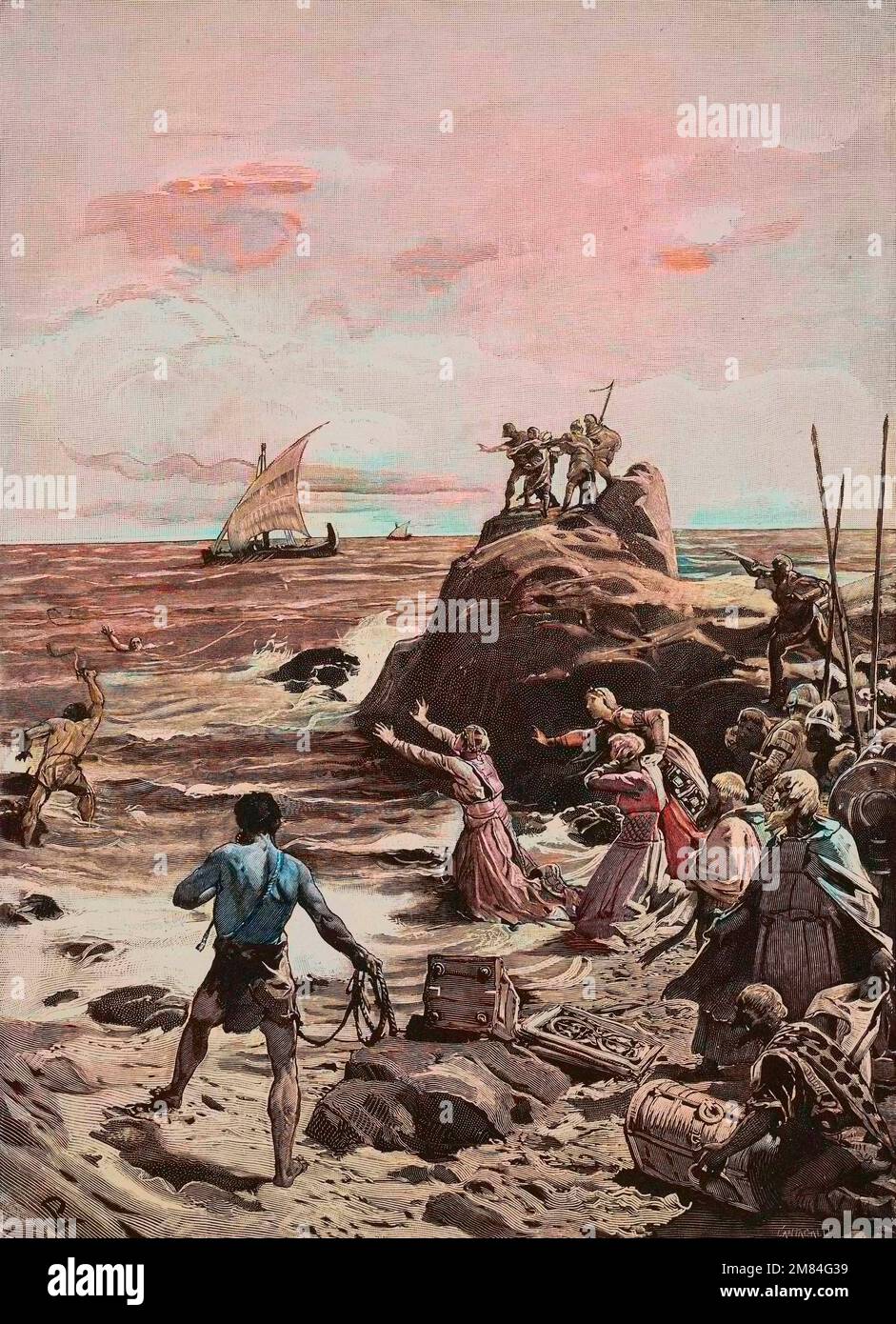 Otto II, imperatore del Sacro Romano Impero chiamato il Rosso (der Rote) - Otton II du Saint-Empire1, dit le Roux - l'empereur Otton II, fuyant un navire..., et nageant vers la plage de Rossano en Calabre, 982, Foto Stock
