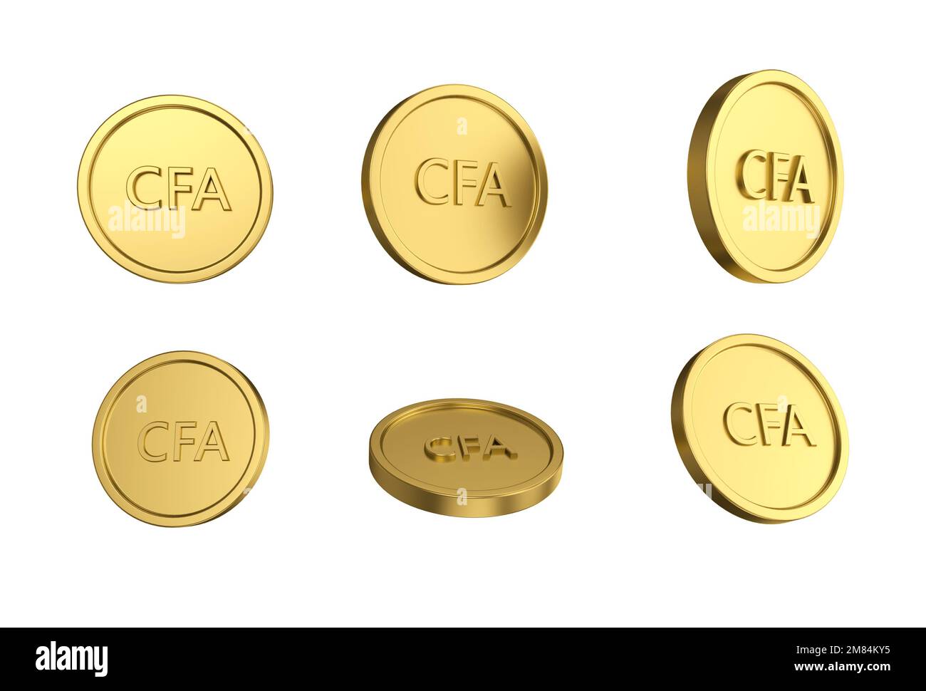 3D Set illustrativo di monete d'oro CFA franco in angeli diversi su sfondo bianco Foto Stock