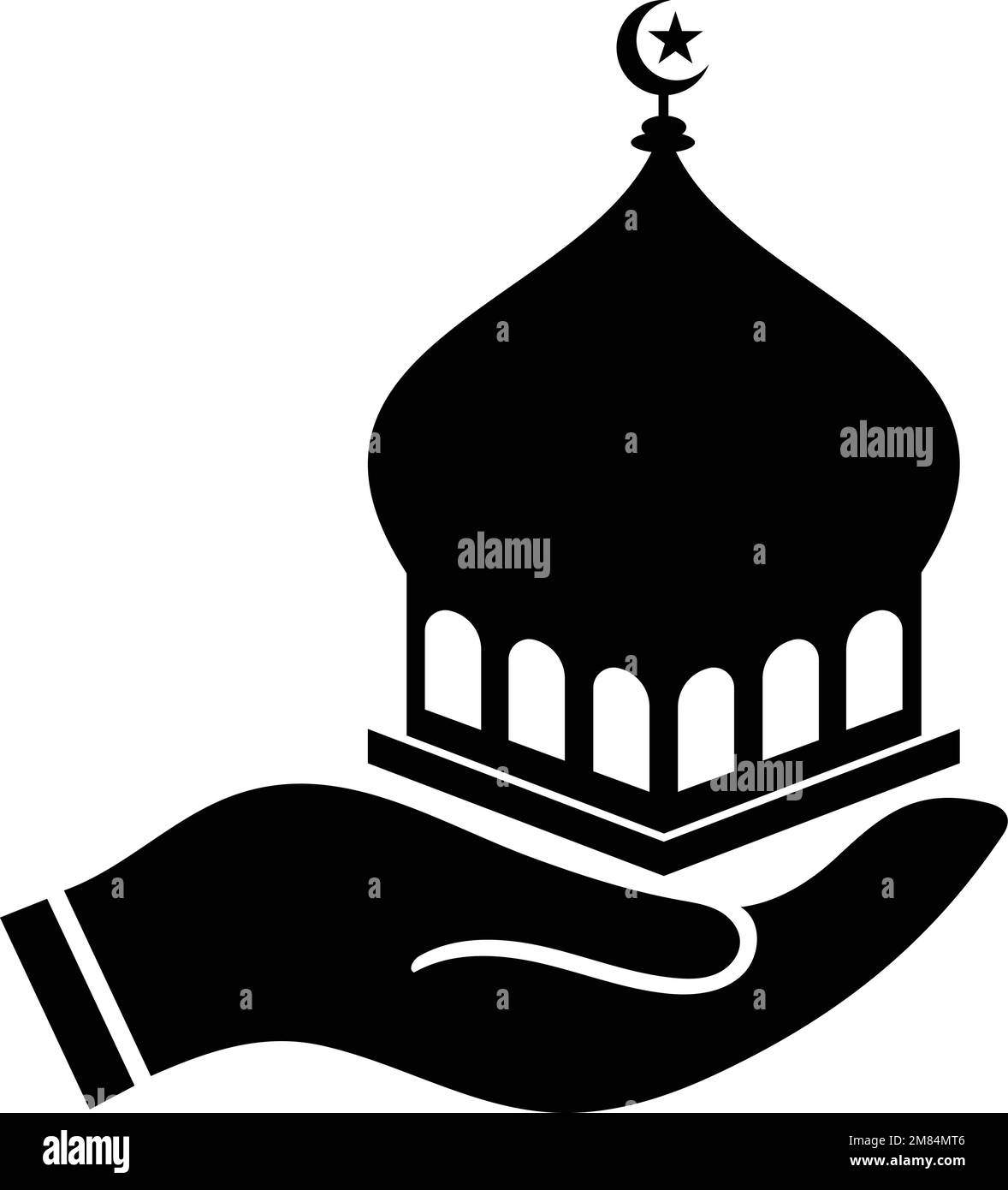 Una mano che tiene in mano una cupola creativa, moderna e accattivante della moschea. icona vettore. Illustrazione Vettoriale