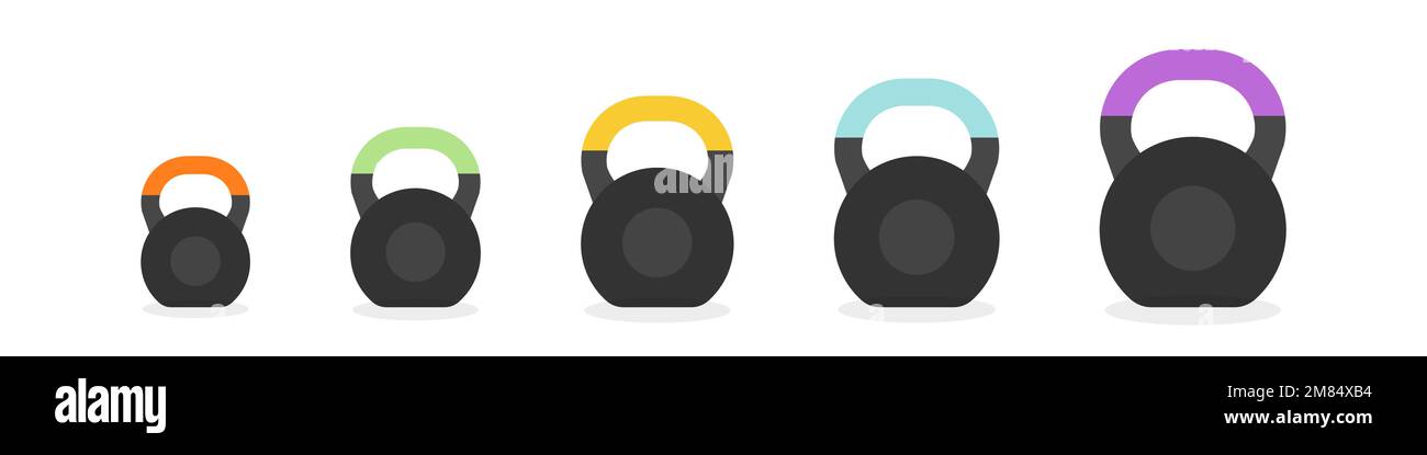 Icona piena set Kettlebells. Dimensioni e colori diversi. Illustrazione vettoriale, design piatto Illustrazione Vettoriale