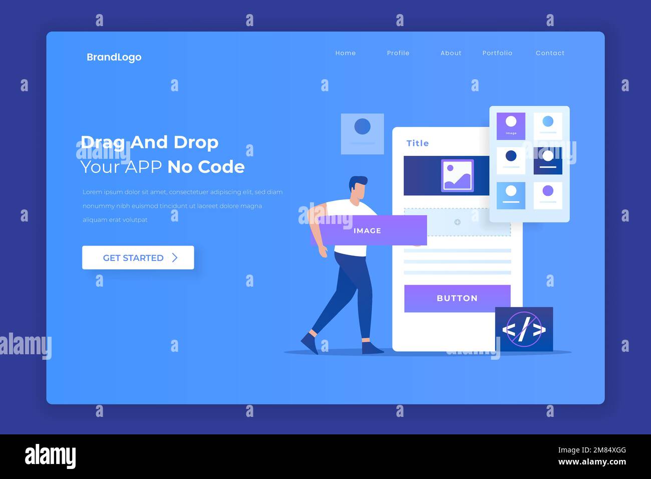Concetto di landing page del costruttore di siti Web drag and drop. Illustrazione per siti Web, landing page, applicazioni mobili, poster e banner Illustrazione Vettoriale