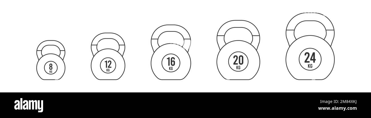 Icona con contorno nero Imposta i kettlebells. Pesi e misure diversi: 8, 12, 16, 20 e 24 kg. Illustrazione vettoriale, design piatto Illustrazione Vettoriale