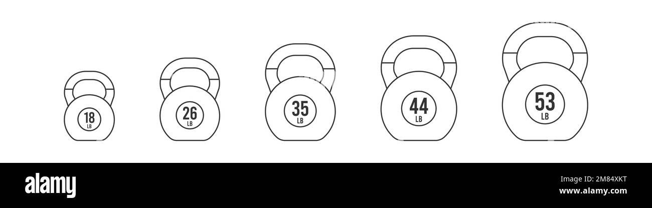 Icona con contorno nero Imposta i kettlebells. Pesi e dimensioni diverse: 18, 26, 35, 44 e 53 lb. Illustrazione vettoriale, design piatto Illustrazione Vettoriale