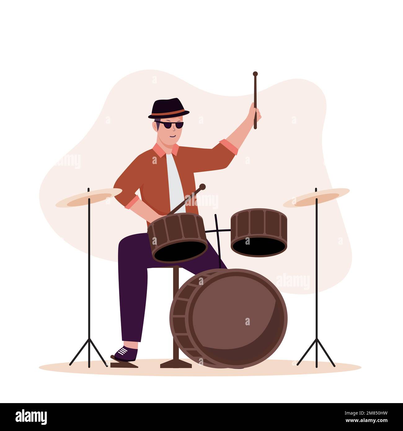 Design piatto del personaggio maschile che gioca un drum kit. Illustrazione per siti Web, landing page, applicazioni mobili, poster e banner. Illustrazione Vettoriale