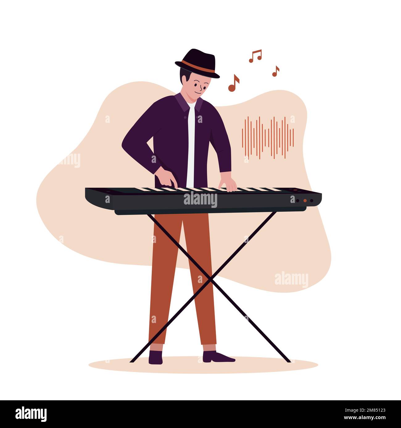 Design piatto del tastierista maschile che suona la musica. Illustrazione per siti Web, landing page, applicazioni mobili, poster e banner. Illustrazione Vettoriale