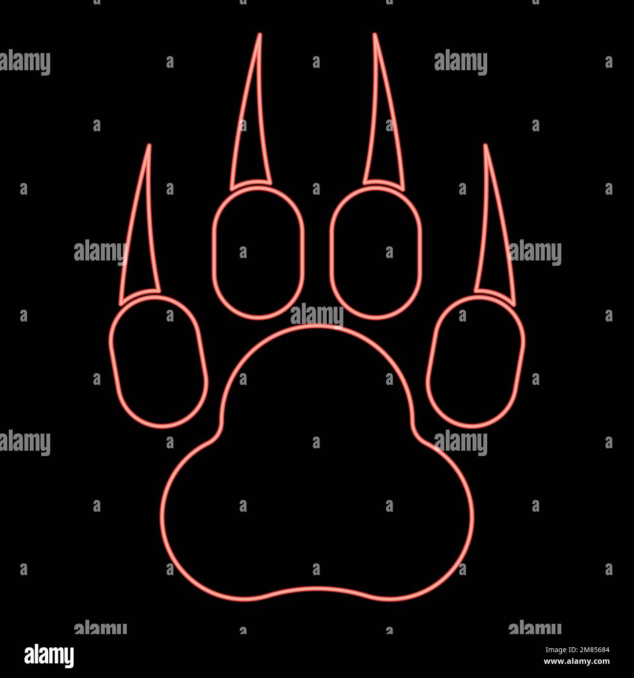 Zampa animale selvatico con stampa al neon con traccia artiglio footprint predatore zampa colore rosso vettore illustrazione immagine piatto stile luce Illustrazione Vettoriale
