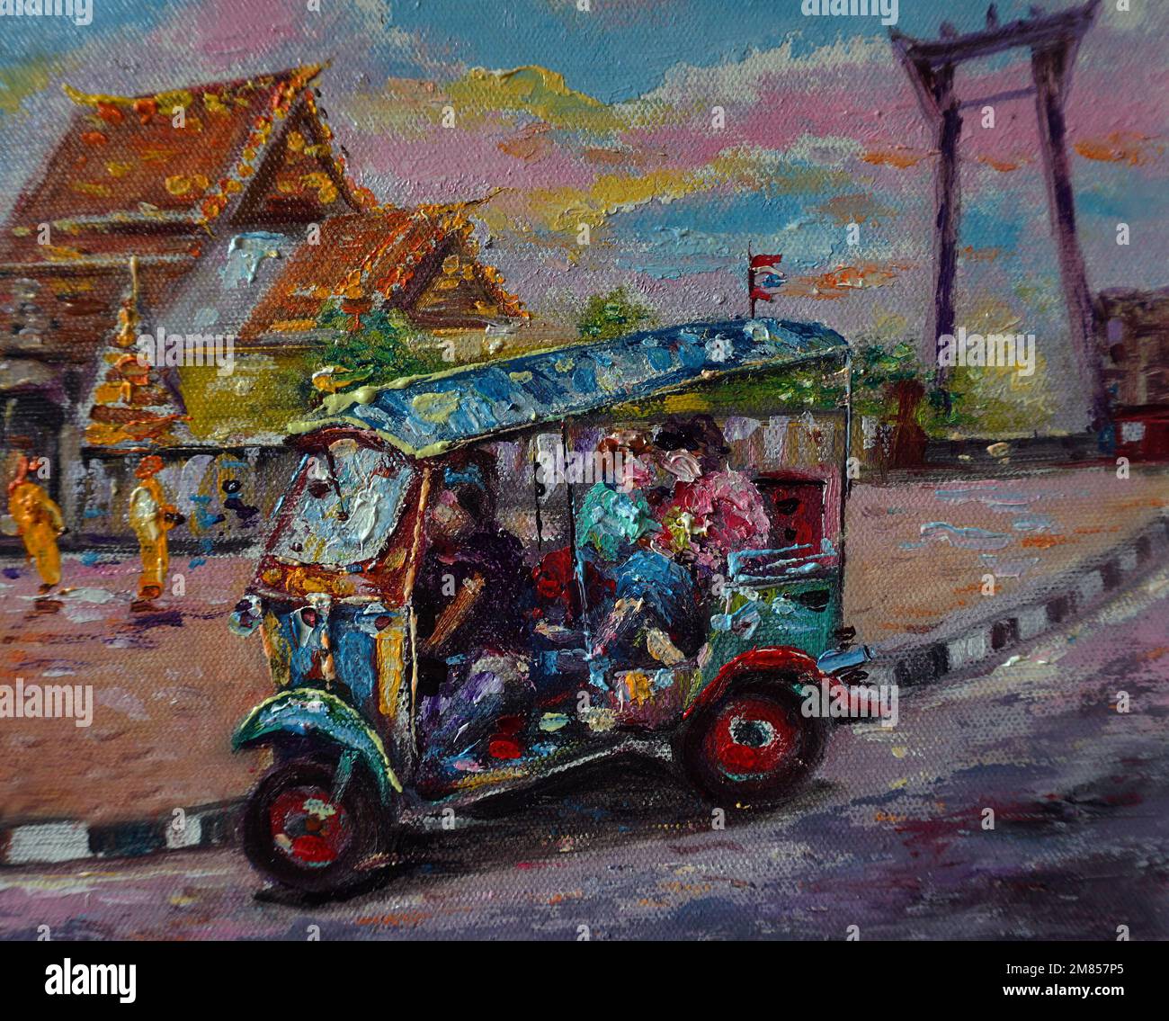 Arte pittura Belle Arti tuk tuk tuk colore olio tailandia , siam terra di sorrisi Foto Stock