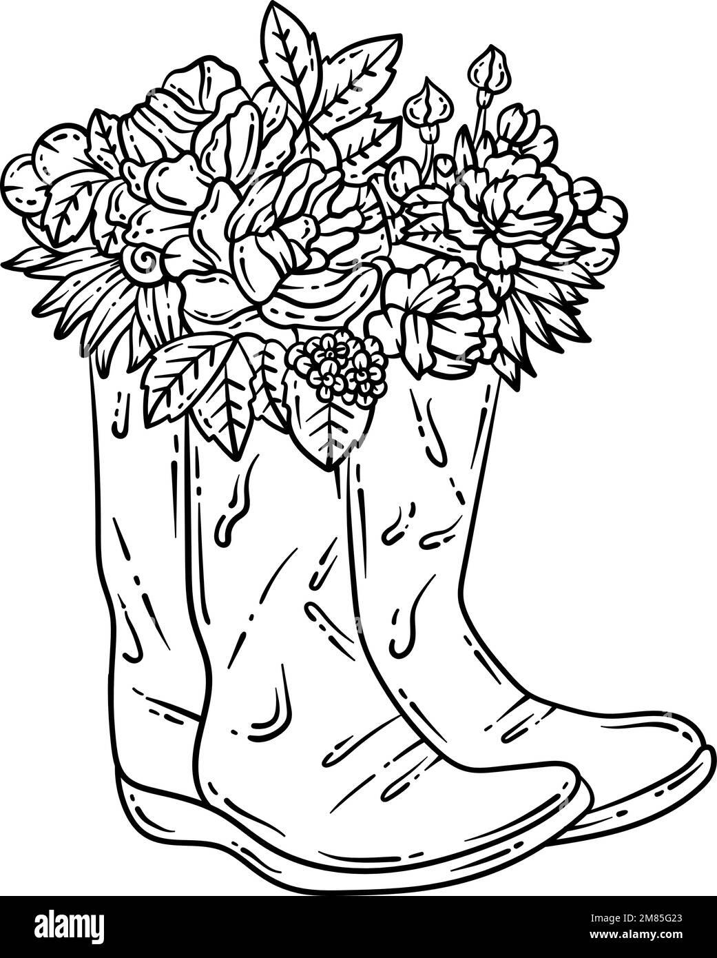 Stivali in gomma fiore primavera Adulto colorazione pagina Illustrazione Vettoriale