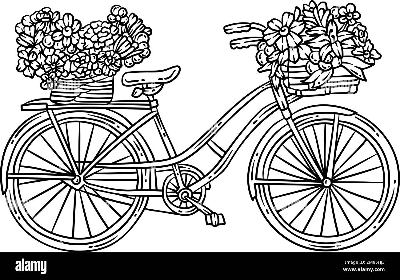 Fiori di bicicletta Primavera colorazione pagina per adulti Illustrazione Vettoriale