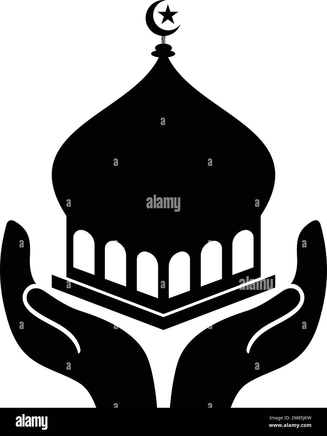 Una cupola della moschea creativa, moderna e accattivante, con due mani. icona vettore. Illustrazione Vettoriale