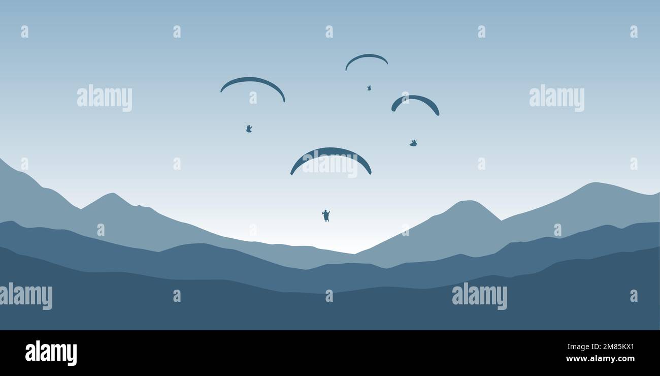 parapendio avventura volare con gli amici su sfondo blu montagna al tramonto Illustrazione Vettoriale