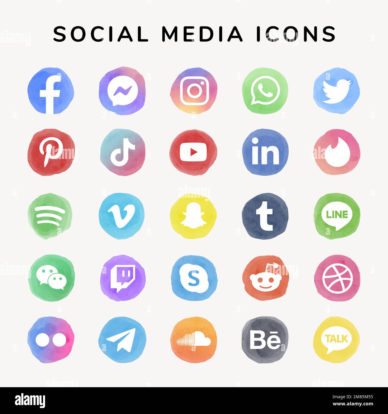 Icone dei social media vettore impostare acquerello con Facebook, Instagram, Twitter, TikTok, YouTube ecc Illustrazione Vettoriale