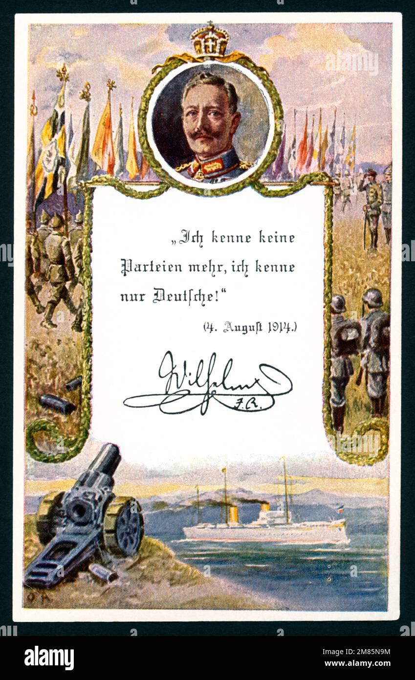Europa, Deutschland, Berlino, 1. Waltkrieg, pateratische Postkarte mit einem Porträt von Kaiser Wilhelm II Und seinem Ausspruch ' Ich kenne keine Parteien mehr, ich kenne nur Deutsche ! ' , Alls Rahmen Zeichnung mit Soldaten , einer Kanone und der ' Hohenzollern ? « Postkarte herausgegeben vom Deutschen Kriegerbund, Berlino, der gesamt Reinertrag zum Besten der Kriegerwaisenhäuser, gedruckt bei Meisenbach Riffarth & Co, Berlino, Rechte werden nicht vertreten. / Europa, Germania, Berlino, WW i , cartolina patriottica con un ritratto dell'imperatore Willem II e il suo detto 'Ich kenne keine parte Foto Stock