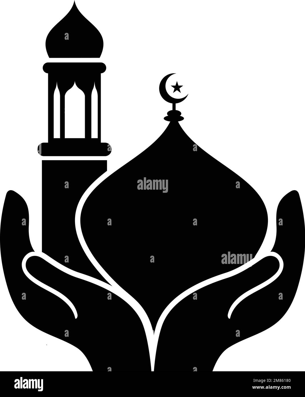 Cupola della moschea a due mani con icona minar con vettore a due mani. Icona del Festival Islamico. Illustrazione Vettoriale