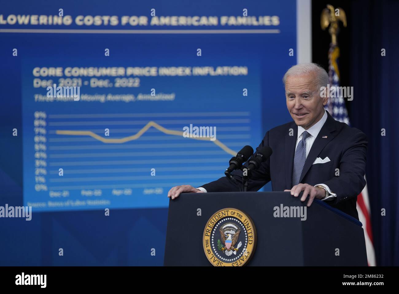 Il presidente degli Stati Uniti Joe Biden esprime osservazioni sull'economia e sugli sforzi della sua amministrazione per contrastare l'inflazione nell'Auditorium della Corte del Sud nell'edificio Eisenhower Executive Office nel campus della Casa Bianca a Washington, DC giovedì 12 gennaio 2023.Credit: Chris Kleponis/Pool tramite CNP /MediaPunch Foto Stock