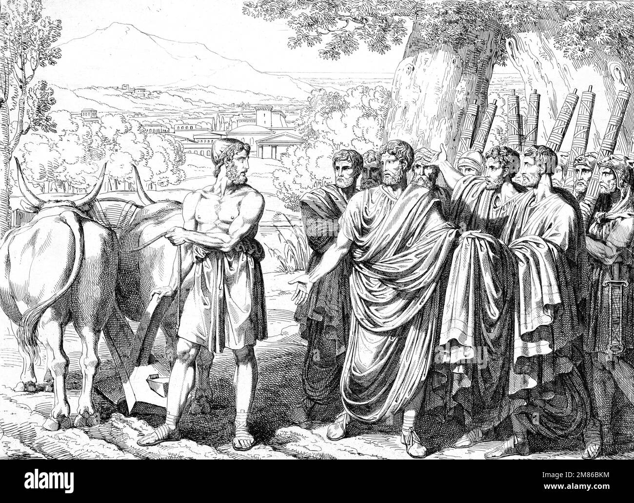 Cincinnatus (519-430 a.C.). Illustrazione intitolata 'Lucius Quinctius Cincinnatus mentre era occupato ad arare il suo campo, è stato eletto dittatore dal Senato del popolo romano', Etching, 1818 Foto Stock