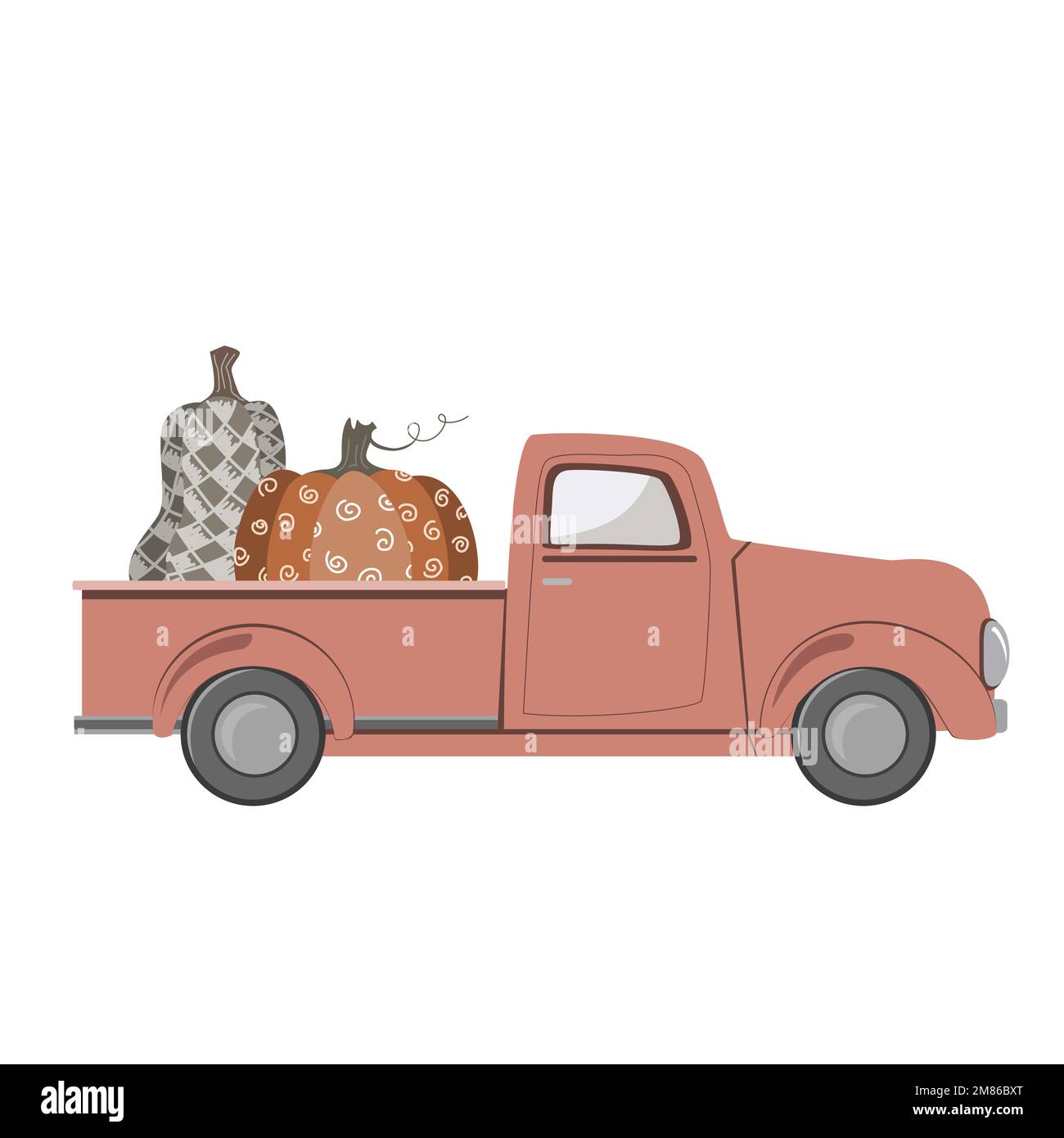 Camion rosso vendemmia con carino zucche grandi nel tronco per il festival del raccolto autunno. Illustrazione con isolamento vettoriale Illustrazione Vettoriale