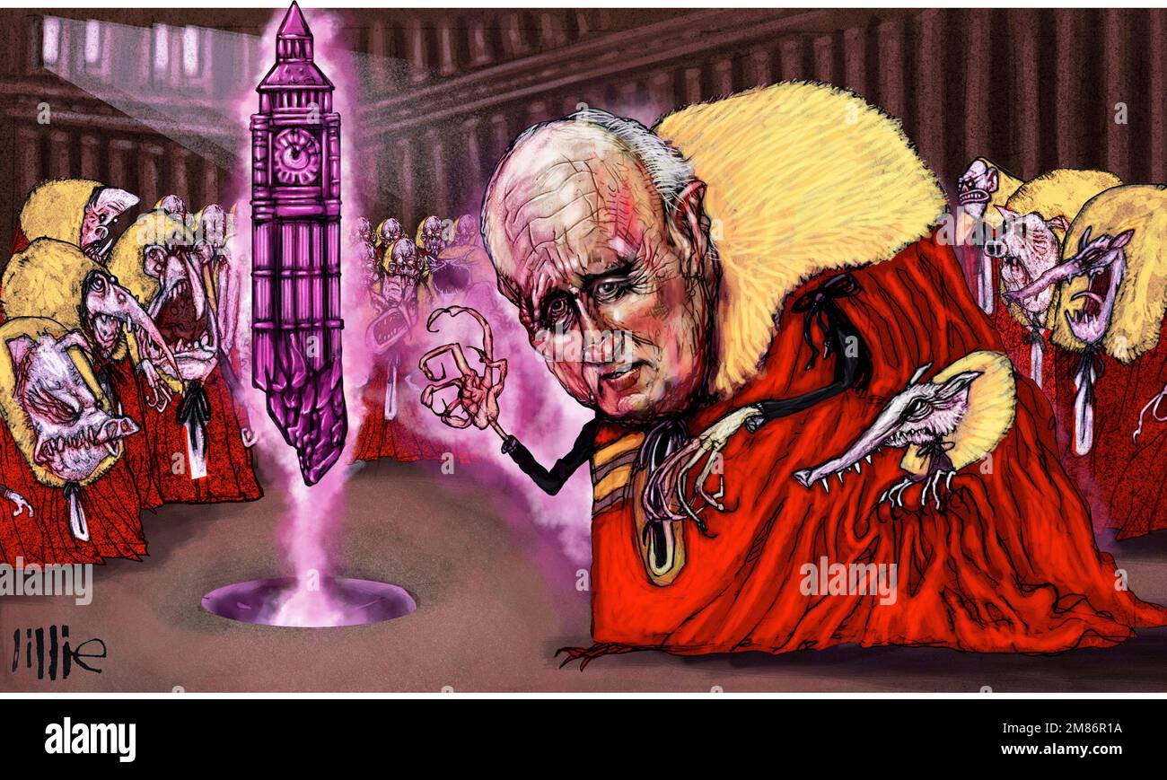 Cartoon in stile satira che mostra l'investitura di Paul Dacre immaginata come scena da Dark Crystal. I sostenitori volevano che l'editor Daily Mail fosse elevato a Lords. Foto Stock