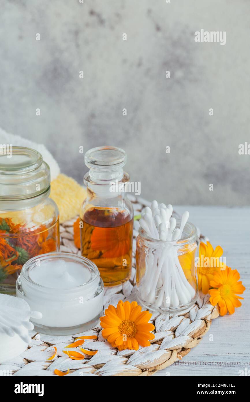 Una bottiglia di tintura di marigold o infusione, unguento, crema o balsamo con fiori di calendula freschi e secchi e tampone di cotone e si stende su un bianco Foto Stock