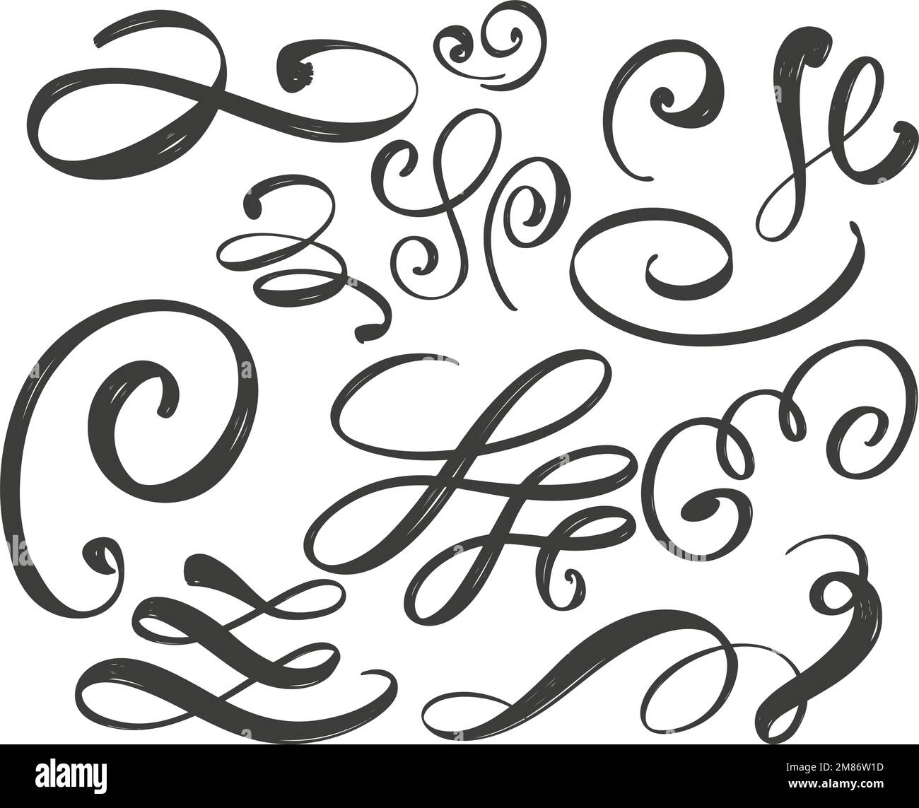 raccolta di curlicues astratti, tratti isolati su sfondo bianco, disegno di illustrazioni vettoriali disegnate a mano. Illustrazione Vettoriale