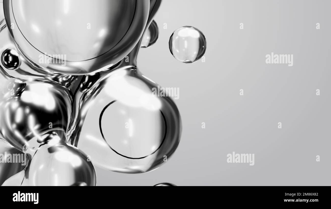 3d rendering motion design wallpaper animazione business presentazione monocromatico grigio bianco metaball grigio liquido acqua saponata mercurio bolla metasphere Foto Stock