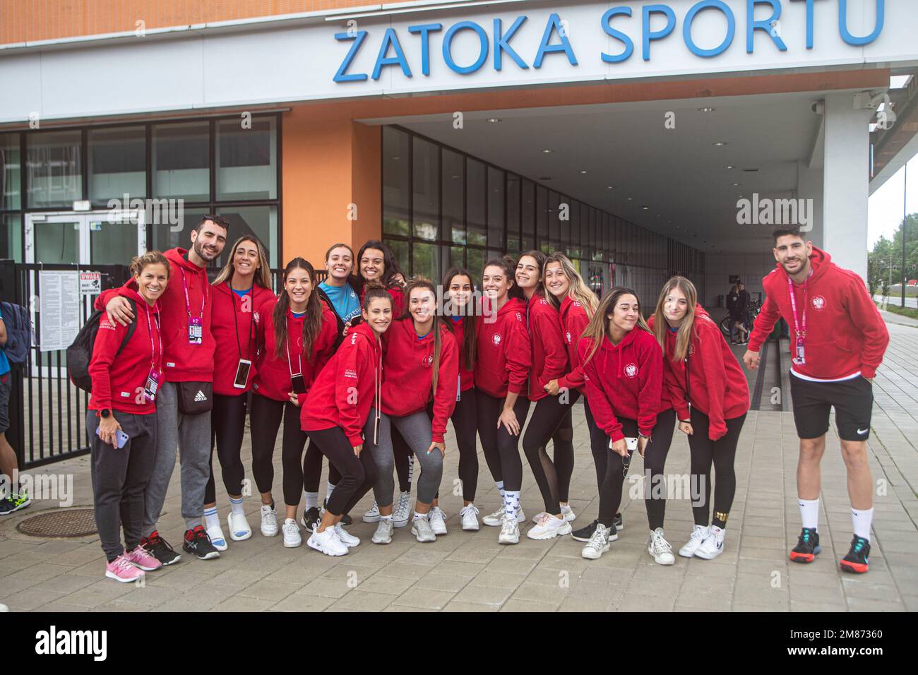 Portogallo università membri della squadra sportiva a Sports Bay (Zatoka sporty) a Lodz PolitechUniversity, Polonia, Jul22 durante i Giochi europei di Sport UniversitySport Foto Stock