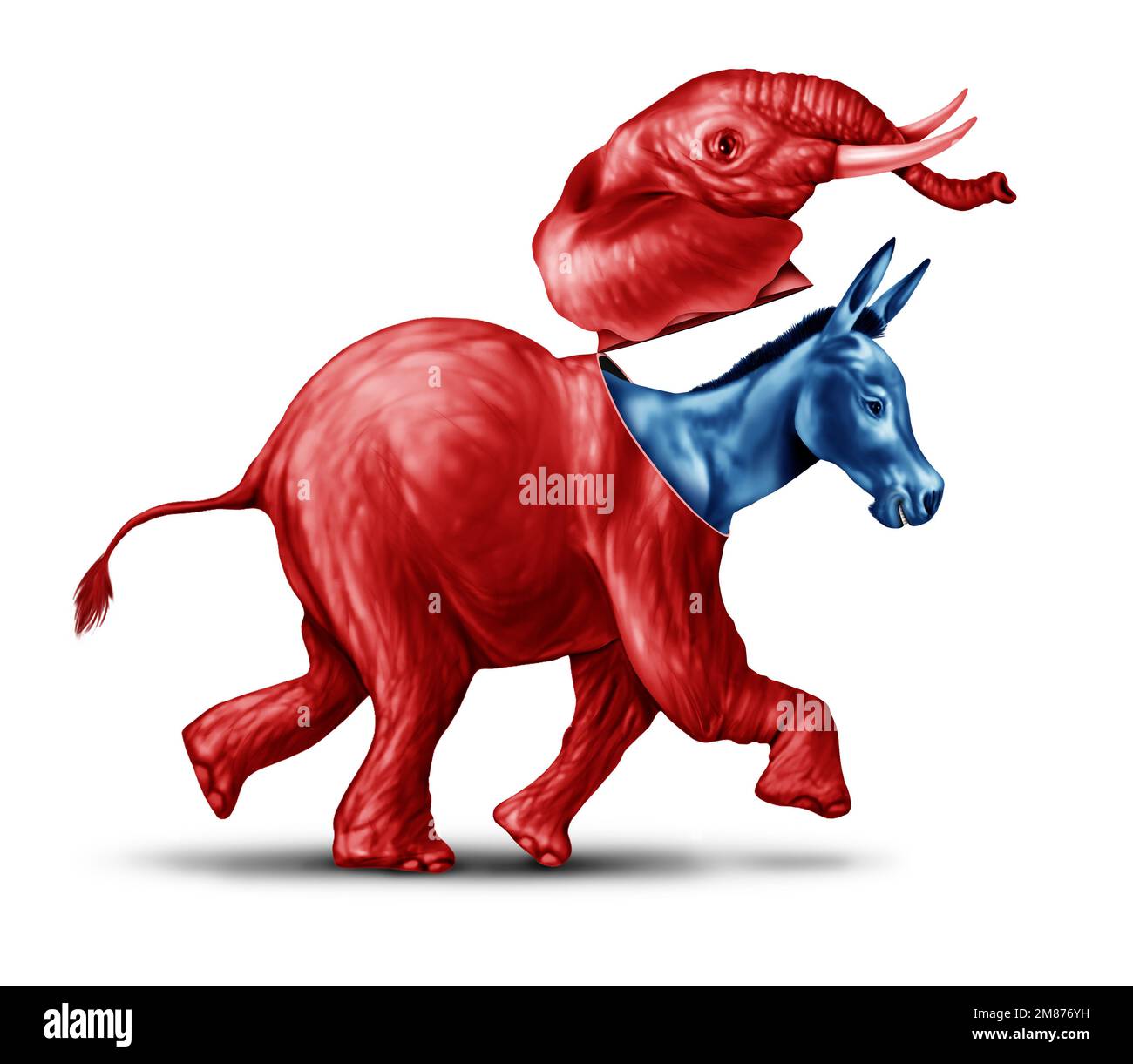 Falso conservatore o armadio liberale come un asino blu fingendo o mascherando come un elefante rosso in una campagna elettorale americana come un simbolo Foto Stock