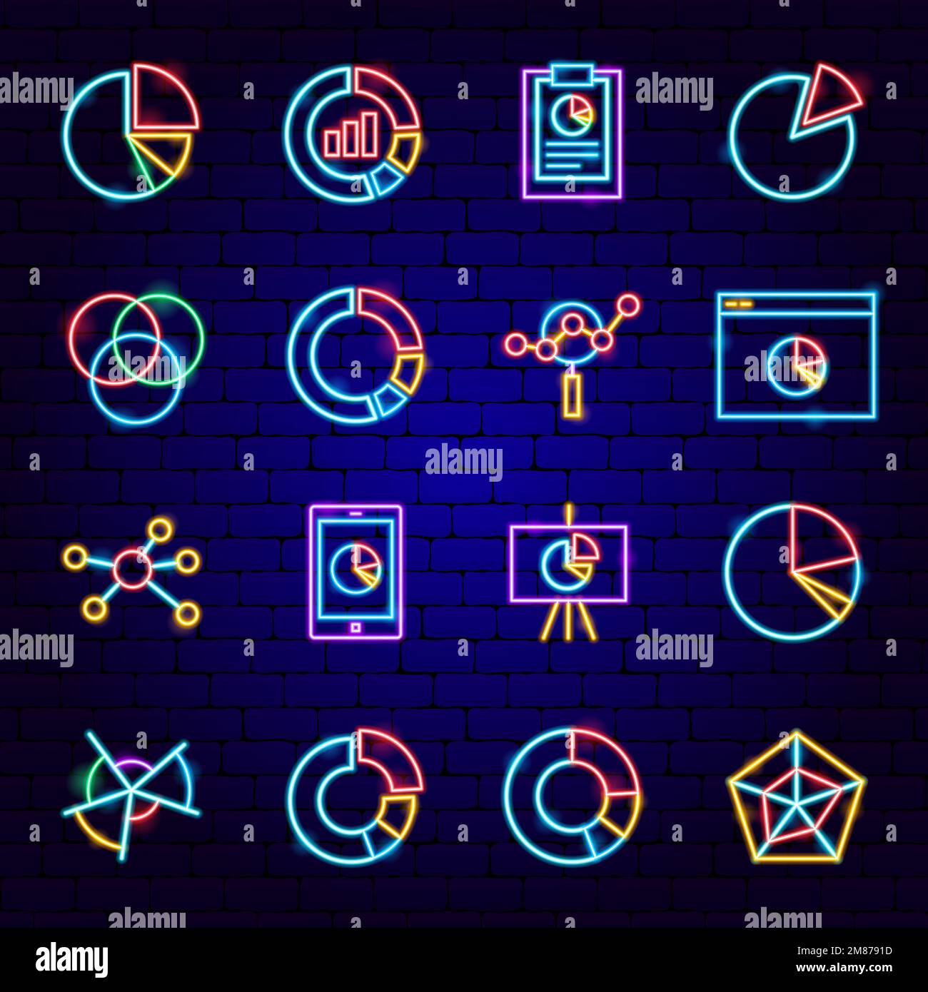 Grafico Statistiche torta icone neon Illustrazione Vettoriale