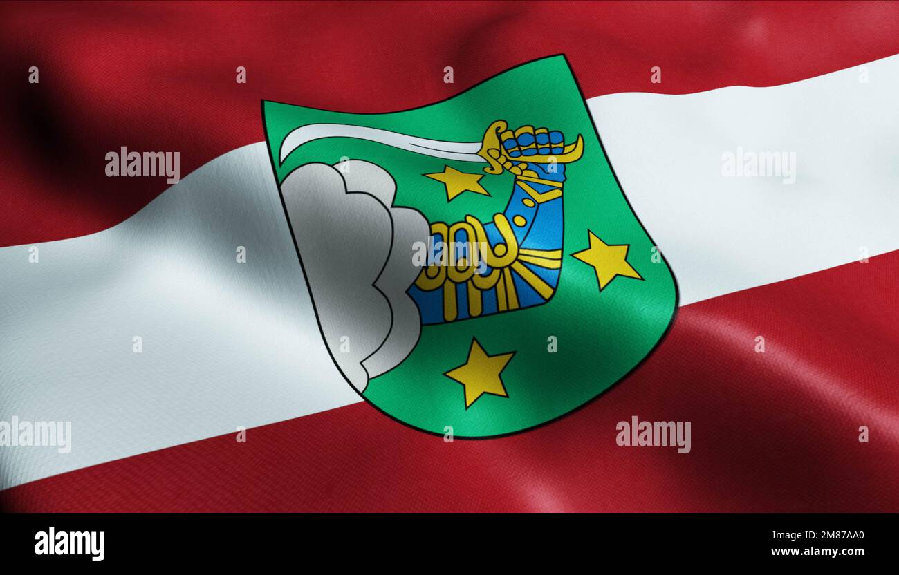 3D Illustrazione di una bandiera della Lettonia che sventola la città di Valka Foto Stock
