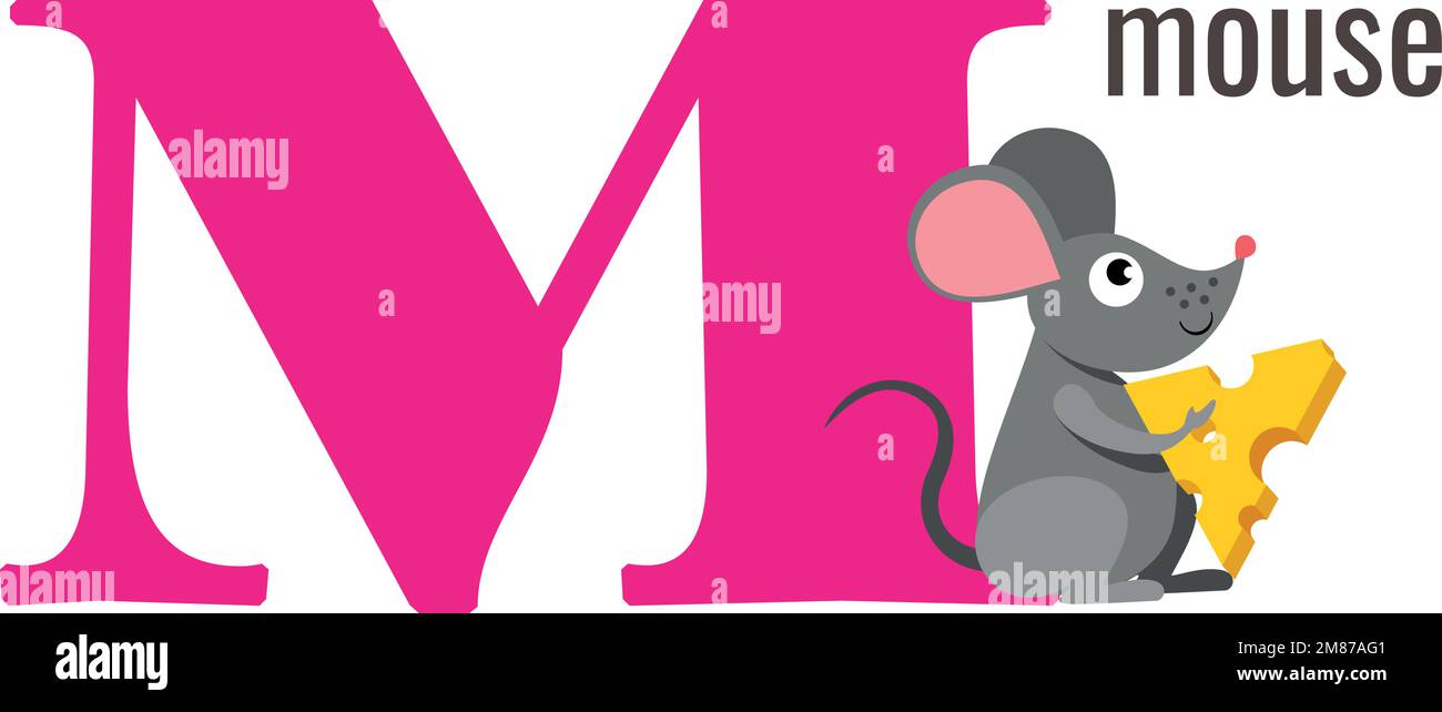Carta lettera M. Vocabolario inglese con mouse divertente Illustrazione Vettoriale
