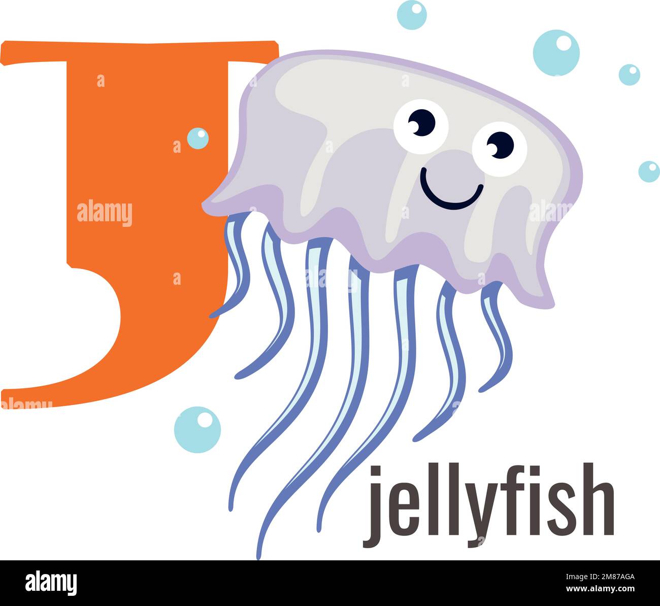 Lettera J con medusa. Scheda vocabolario inglese Illustrazione Vettoriale