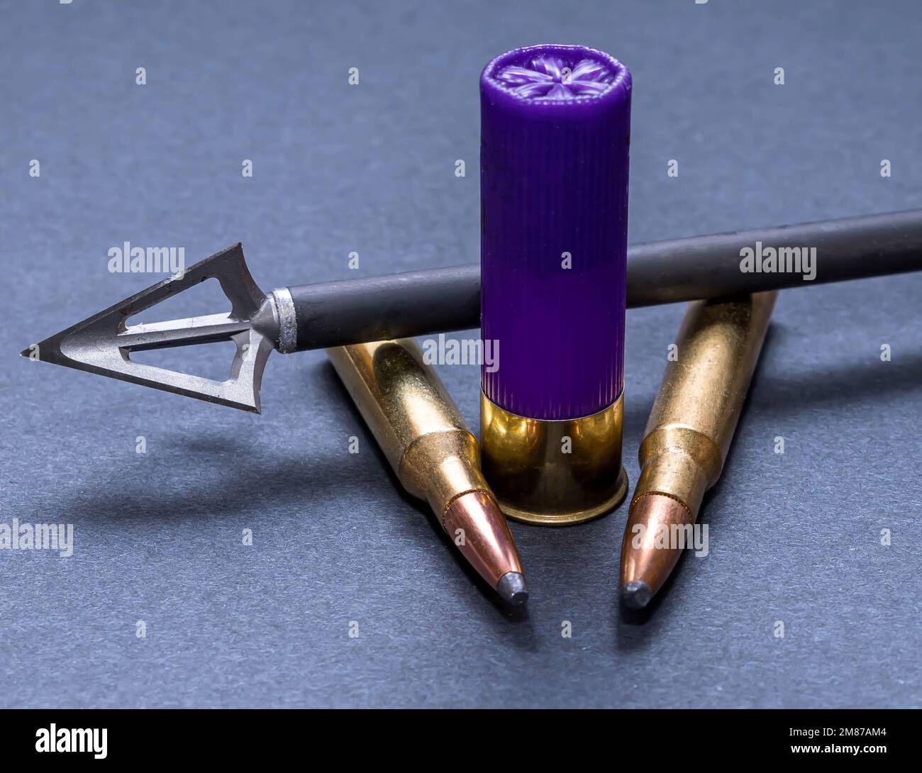 Una freccia con un broadhead a tre pale attaccato ad esso con due pallottole calibro 30,06 e un guscio di fucile da 12 gauge su uno sfondo grigio Foto Stock