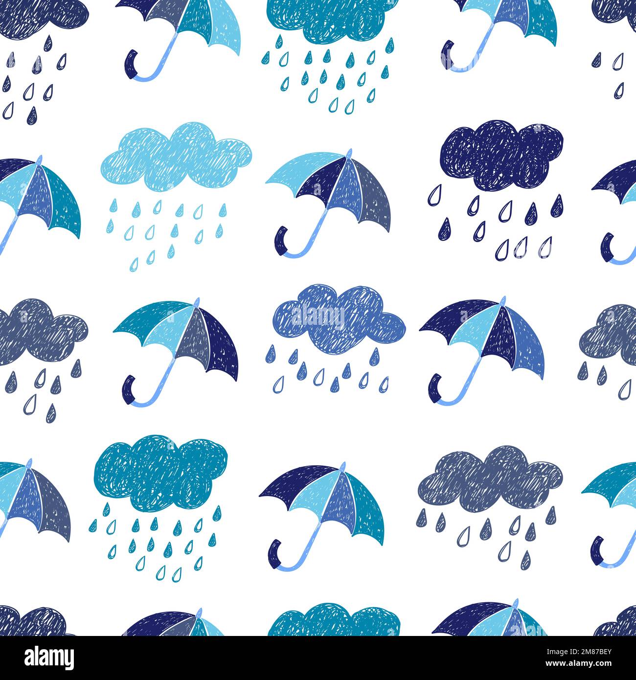 Motivo senza giunture piovoso. Sfondo di pioggia vettoriale con nuvole e ombrelloni. Illustrazione Vettoriale