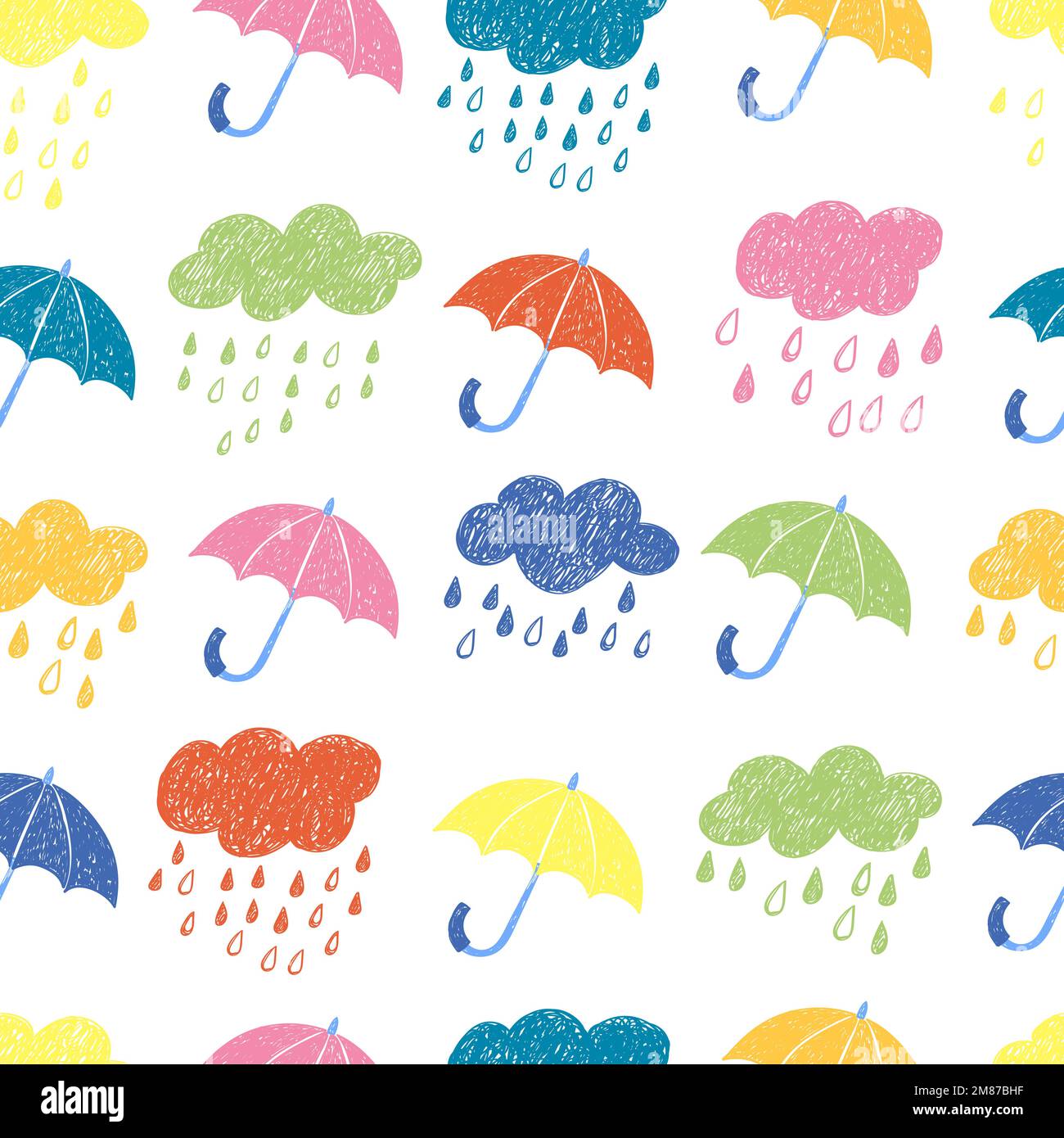 Motivo colorato e senza cuciture. Sfondo di pioggia vettoriale con nuvole e ombrelloni. Illustrazione Vettoriale