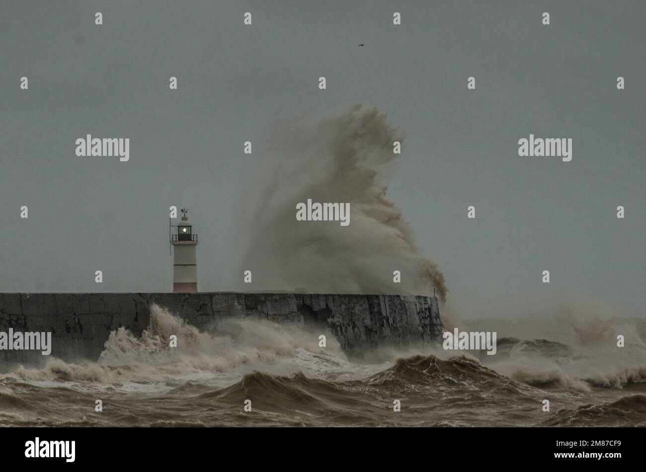 Newhaven, East Sussex, Regno Unito. 12th Jan, 2023. Il mare molto ruvido montato dal vento soffocante di South Westerly crea scene spettacolari lungo la costa del canale. Pioggia torrenziale docce molto del tempo, ma ancora stagionabilmente caldo a 10 gradi C comunque le condizioni più fredde prevedono con i venti che girano verso una direzione più nord con la possibilità di neve la settimana prossima. Credit: David Burr/Alamy Live News Foto Stock