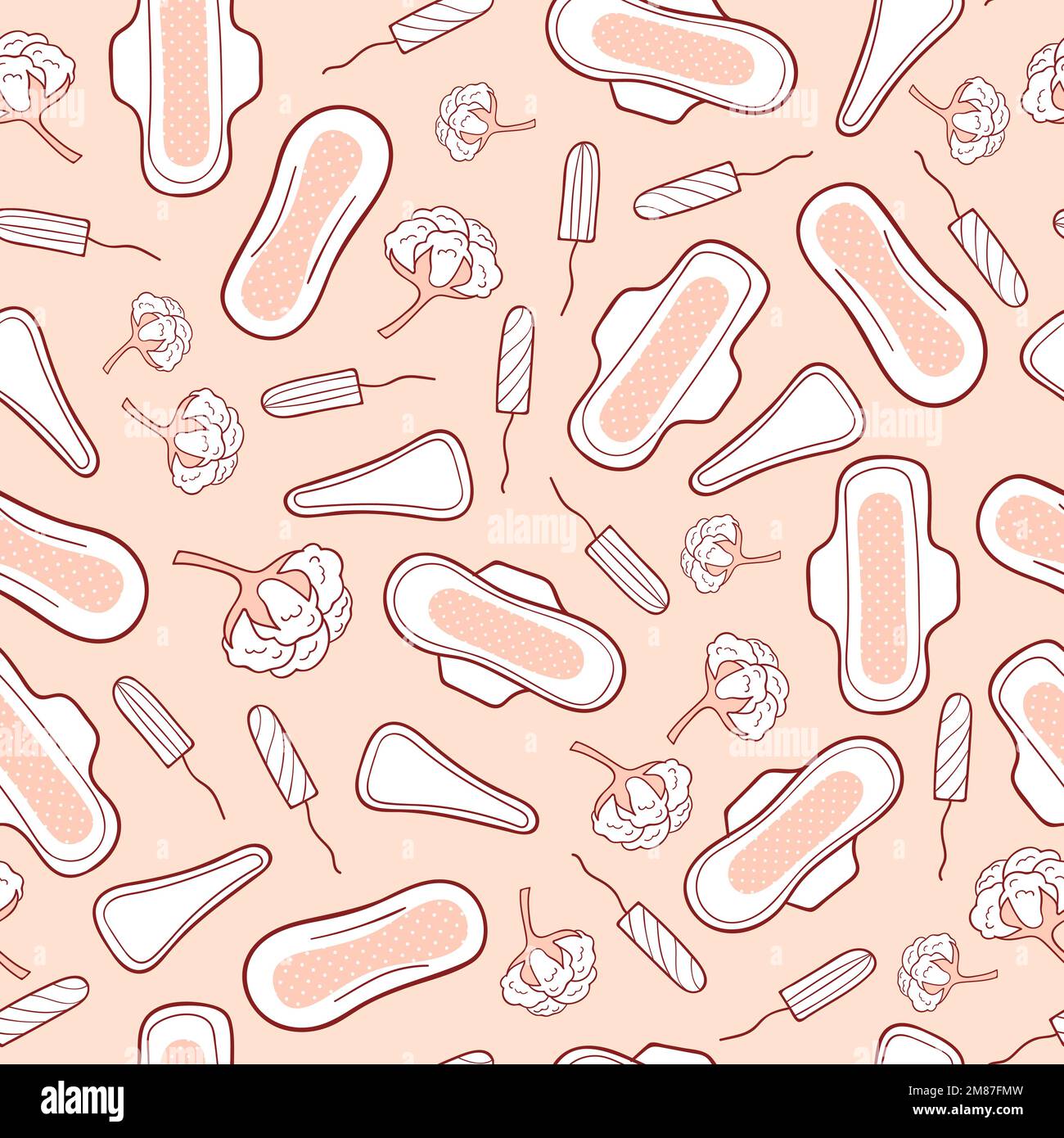 Modello senza cuciture con assorbenti igienici mestruali e tamponi. Igiene femminile. Sfondo vettoriale. Illustrazione Vettoriale