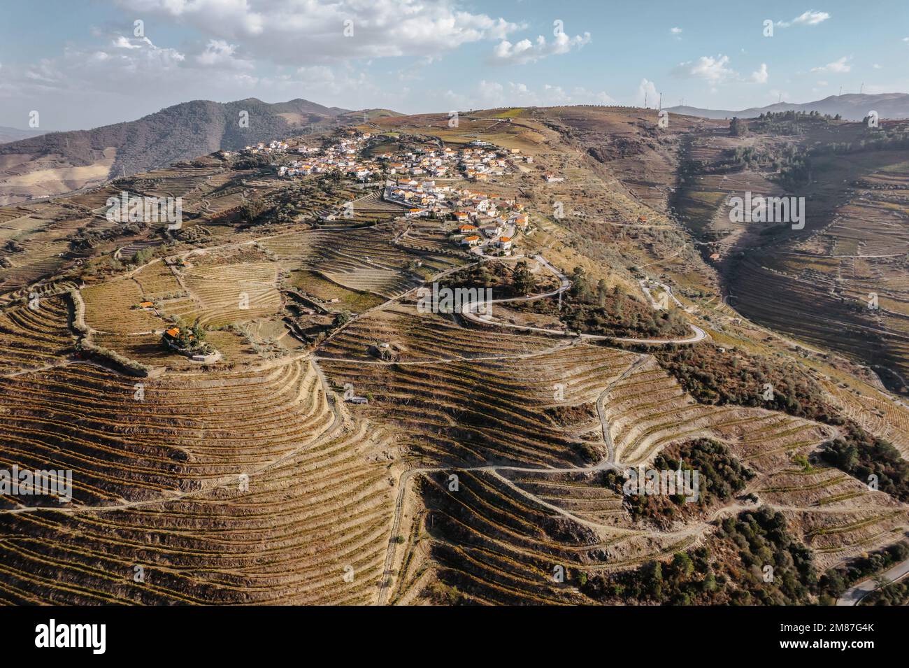Vista aerea della valle del Douro. Vigneti terrazzati e paesaggio vicino a Pinhao, Portogallo. Regione vinicola portoghese. Bellissimo paesaggio autunnale. Foto Stock