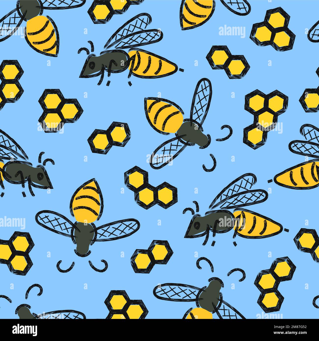 Motivo senza cuciture con api e nidi d'ape in blu. Sfondo di miele di vettore. Illustrazione Vettoriale