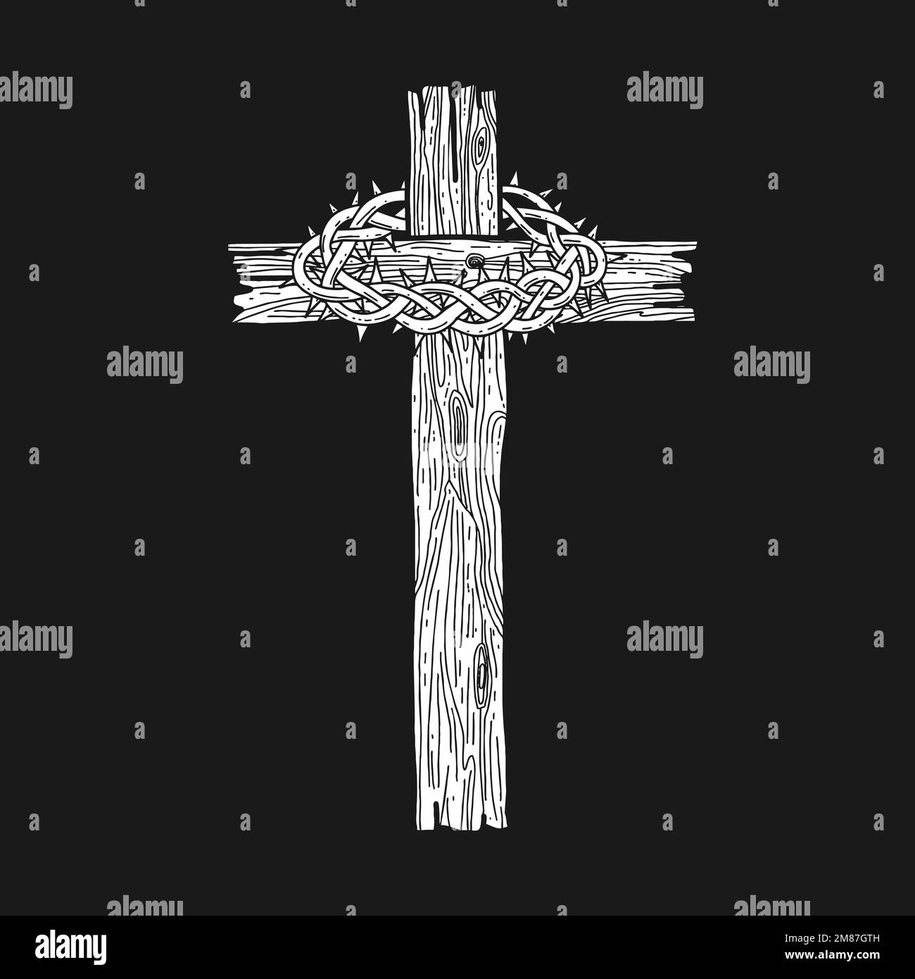 Illustrazione vettoriale disegnata a mano per Pasqua. Una croce di legno con una corona di spine. Simbolo della crocifissione e risurrezione del Signore Gesù Chris Illustrazione Vettoriale