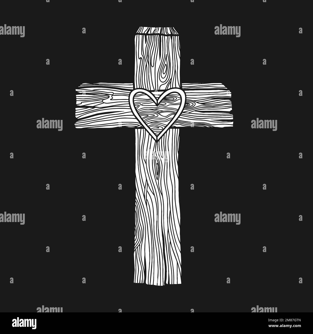 Illustrazione vettoriale disegnata a mano per Pasqua. Una croce di legno con un cuore al centro. Simbolo della crocifissione e risurrezione del Signore Gesù C. Illustrazione Vettoriale