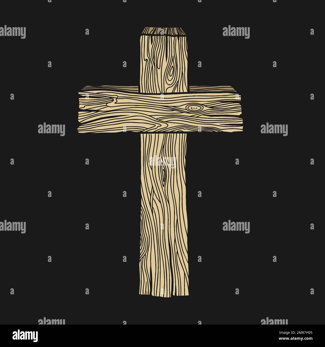 Illustrazione vettoriale disegnata a mano per Pasqua. Croce di legno. Simbolo della crocifissione e risurrezione del Signore Gesù Cristo. Illustrazione Vettoriale