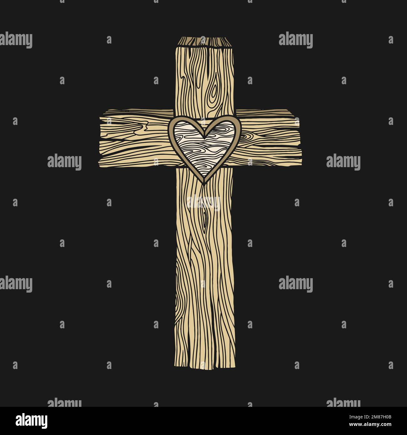 Illustrazione vettoriale disegnata a mano per Pasqua. Una croce di legno con un cuore al centro. Simbolo della crocifissione e risurrezione del Signore Gesù C. Illustrazione Vettoriale