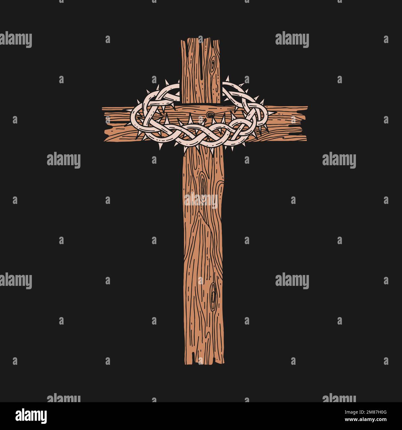 Illustrazione vettoriale disegnata a mano per Pasqua. Una croce di legno con una corona di spine. Simbolo della crocifissione e risurrezione del Signore Gesù Chris Illustrazione Vettoriale